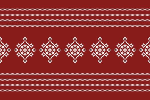 Design of red color background cross stitch art ethnic pattern motifs. vector