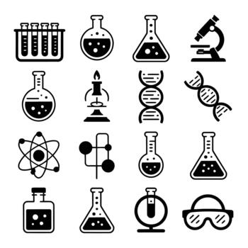 A collection of black science-related icons including test tubes, flasks, and a microscope vector