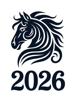 un atrevido, estilizado representación de un caballos cabeza se sienta encima el número 2026. el diseño caracteristicas limpio, fluido líneas en un llanura antecedentes. vector