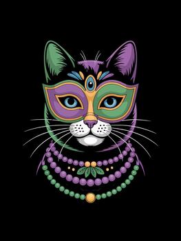 A cat wears a vibrant mask and colorful beads, blending elements of whimsy and playfulness. vector