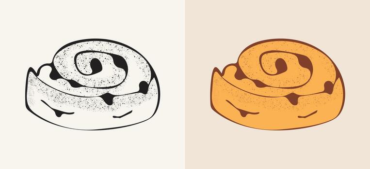 Hand drawn sketch of a rustic cinnamon roll. Detailed baked sweet dough graphic with textured fill and icing. Ideal for organic bakery menus, craft projects, cafe branding, and stylized food design. vector