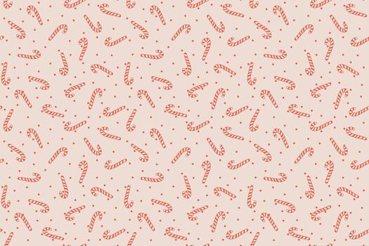 Sweet hand-drawn doodle seamless pattern with red striped candy canes and polka dots on a pastel background. Repeatable tile for fabric, wrapping paper, backgrounds, and textile print design. vector