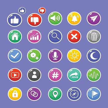 A colorful collection of circular social media and interface icons presented in a modern flat style. vector