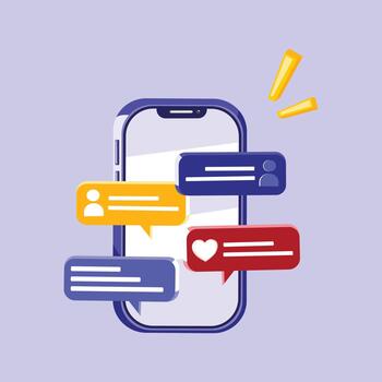 A modern illustration of hands holding a smartphone with floating chat bubbles, representing online communication and social interaction. vector