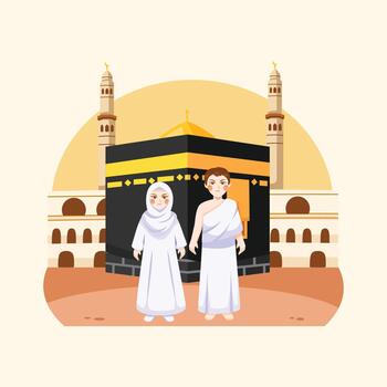 A clean illustration showing two pilgrims in ihram standing in front of the Kaaba during Hajj or Umrah. vector
