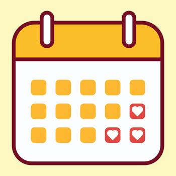 Romantic Calendar Icon with Heart and Checkmark in Bold Red and Yellow Design vector