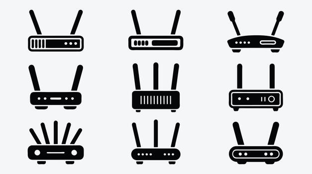 Various router icons illustrating network technology and wireless connection vector