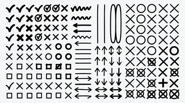 Hand Drawn Doodle Elements Check Marks Arrows and Geometric Shapes Set vector
