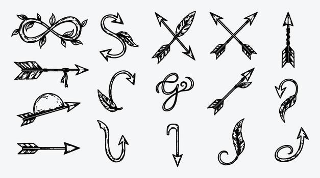 mano dibujado flecha colección en varios formas y estilos para diseño vector