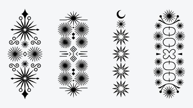 Collection of abstract starburst patterns with celestial and geometric elements vector