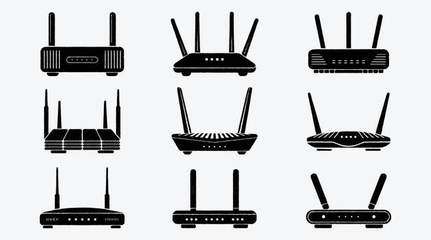 Set of network router device silhouette with multiple antenna for wireless connection vector