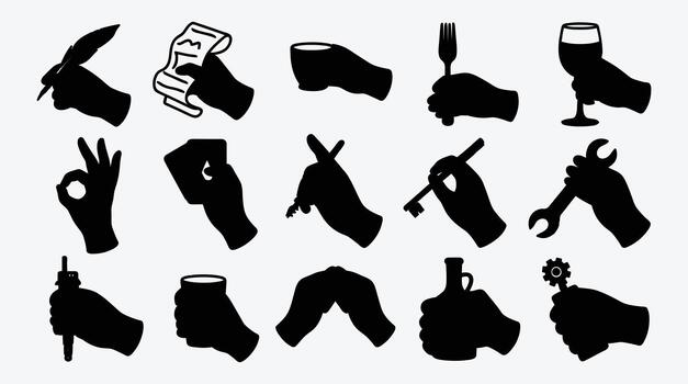 Set of various hand silhouettes holding objects isolated on white background vector