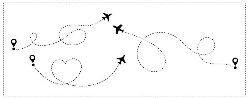 Minimalist Airplane Travel Route with Dotted Line Path and Heart Shape. vector