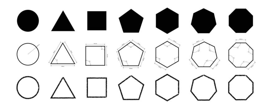 Basic Geometric Shapes Collection Circle, Square, Triangle, Polygon Outlines and Solid Fill Elements. vector