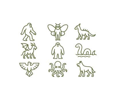 Legendary Cryptids and Mythical Creatures Icon Set Exploring Folklore Mysteries vector