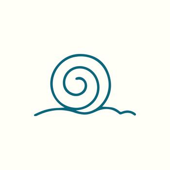 Minimalist teal blue line drawing of a charming snail shell resting on soft waves vector