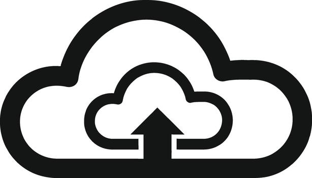 Minimalist black cloud upload icon with an upward arrow, a simple graphic symbol for data transfer, online storage, and internet technology vector