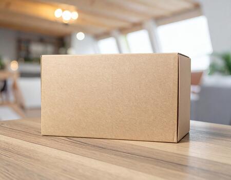 Plain rectangular kraft paper package box on a wooden table with a soft focus background, suitable for branding mockups photo