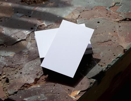 Blank vertical white business card mockup on a rustic industrial surface with strong shadows for brand identity presentation photo