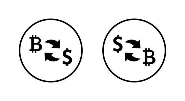 Crypto exchange icon in circular outline. Bitcoin to dollar conversion arrows symbol vector