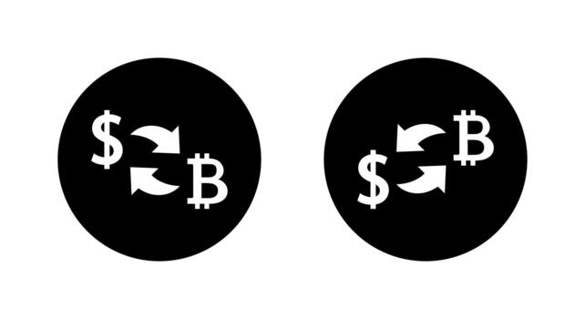 Crypto exchange icon in black circle. Dollar to Bitcoin conversion symbol vector