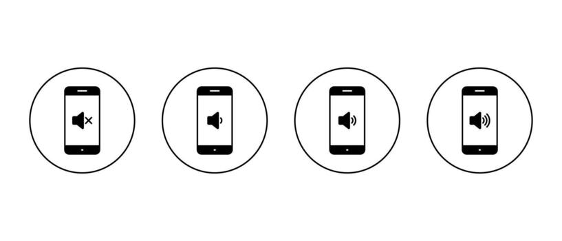 Mobile phone volume icon set in circular outline. Smartphone sound speaker level symbol vector