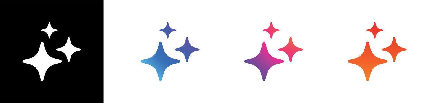 Fantasy sparkle star icon set in glossy gradient blue pink orange tones on transparent background for digital UI design magic glow minimal decorative elements modern clean interface vector