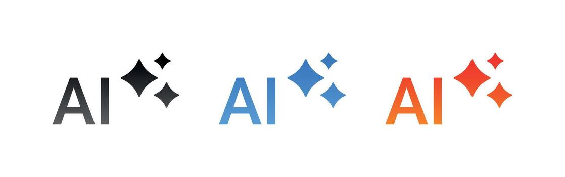 Gradient AI text icons with sparkle stars in black, blue, orange colors isolated on transparent background illustration for artificial intelligence branding technology logo concept vector