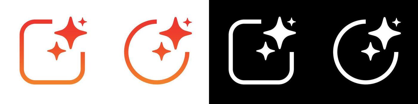 Gradient red orange magic sparkle icons collection with rounded square and circle frames on transparent background minimal style isolated on black and white clean modern glossy design vector