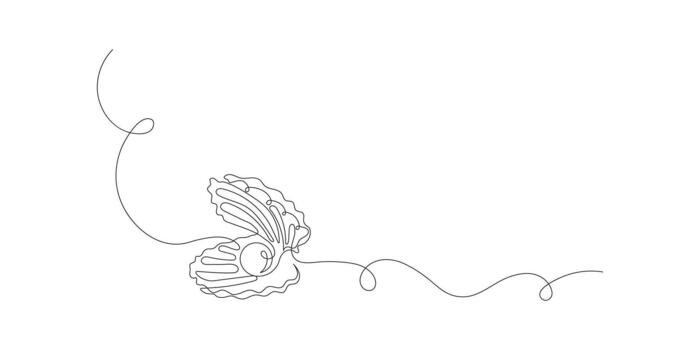 continuous line art drawing of an open oyster shell with a gleaming pearl vector