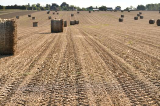 Bale of dry flax on the field and the traces of a tractor after harvesting flax photo