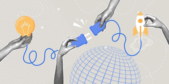 conectando ideas para global innovación y crecimiento. de moda trama de semitonos collage. un empresario conecta un bombilla a un cohete. conceptualizando el proceso de problema resolviendo, nuevo ideas, y comenzando un vector