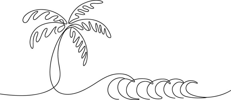 Single line drawing of a palm tree and ocean waves vector