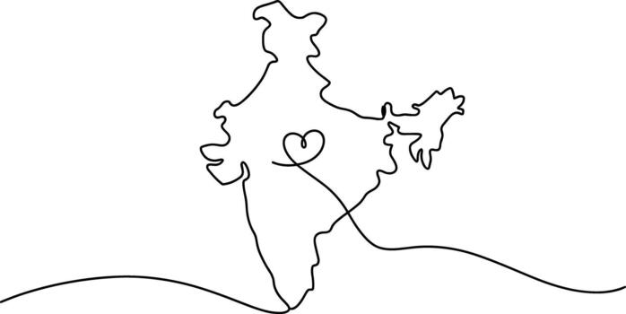 India map outline with heart symbol continuous line drawing vector