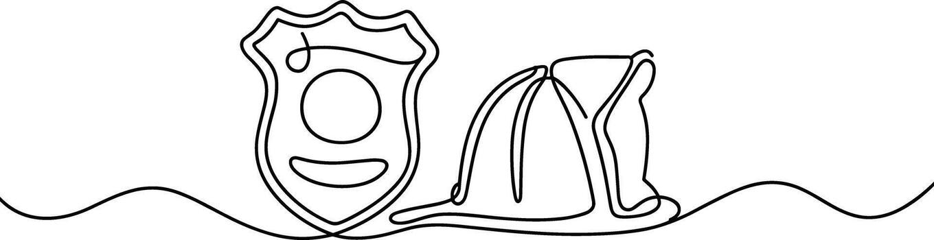 Firefighter badge and helmet continuous line drawing vector