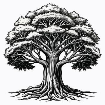 Black and white illustration of a large tree with visible roots and branches vector