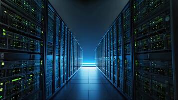 scintillante server cremagliere ronzio con energia nel un' futuristico dati centro, illuminante progresso. video