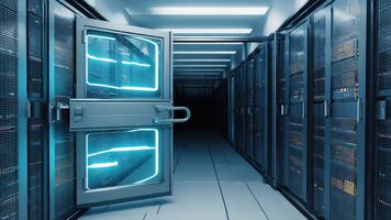 Open door reveals rows of glowing server racks in a modern data center, dynamic technology hub video