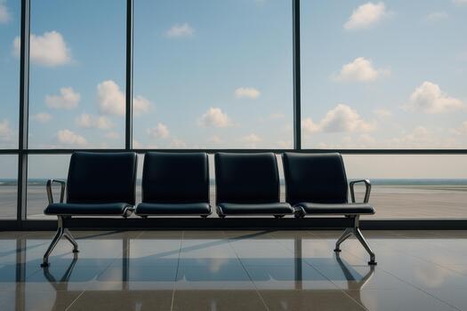 Modern airport terminal features empty seating arranged row, with large windows showcasing clear blue sky and fluffy clouds. serene atmosphere photo