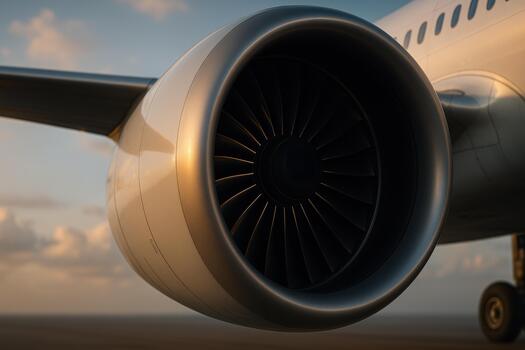 Close up view of aircraft engine showcasing its intricate design and powerful turbine. image captures metallic texture and details of engine photo