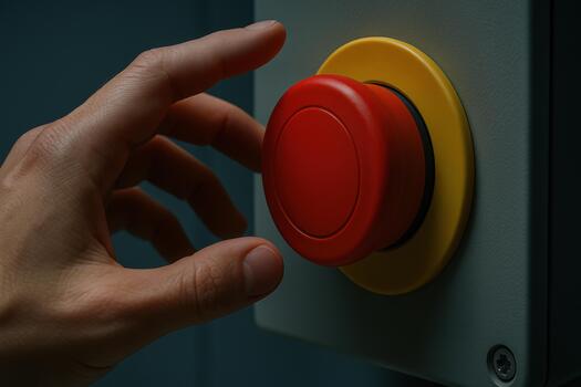 Hand reaching for large red button control panel, symbolizing decision making and urgency. contrasting colors evoke sense of alertness and action photo