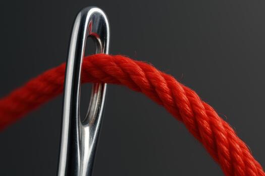 Close up of metallic needle with shiny eye, threading vibrant red rope, showcasing intricate details of materials and colors photo