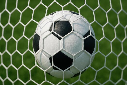 Close up view of soccer ball caught net, showcasing black and white pattern against green grass background. image evokes excitement and thrill photo