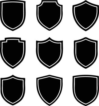 Collection of nine transparent shield icons in a grid layout vector