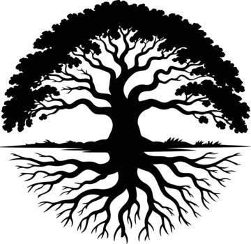 Silhouette of a majestic tree with visible roots within a circular frame vector