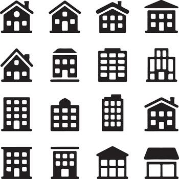 Collection of transparent and white building icons representing different architectural styles vector
