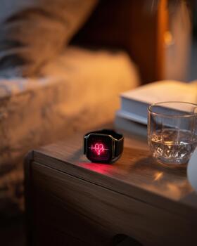 Smartwatch displays heart rate next to a bedside table photo