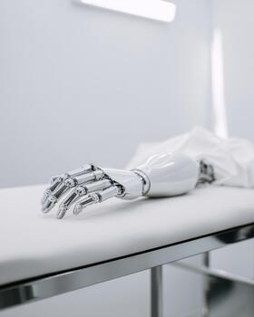 Robotic hand resting on a medical table in a sterile space photo