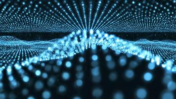 abstrakt digital data ström av lysande blå ljus prickar rör på sig i vågor med dynamisk perspektiv för teknologi och trogen innehåll video