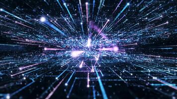 resumen digital datos corriente Moviente rápidamente mediante brillante ciber espacio escena con dinámica ligero caminos video